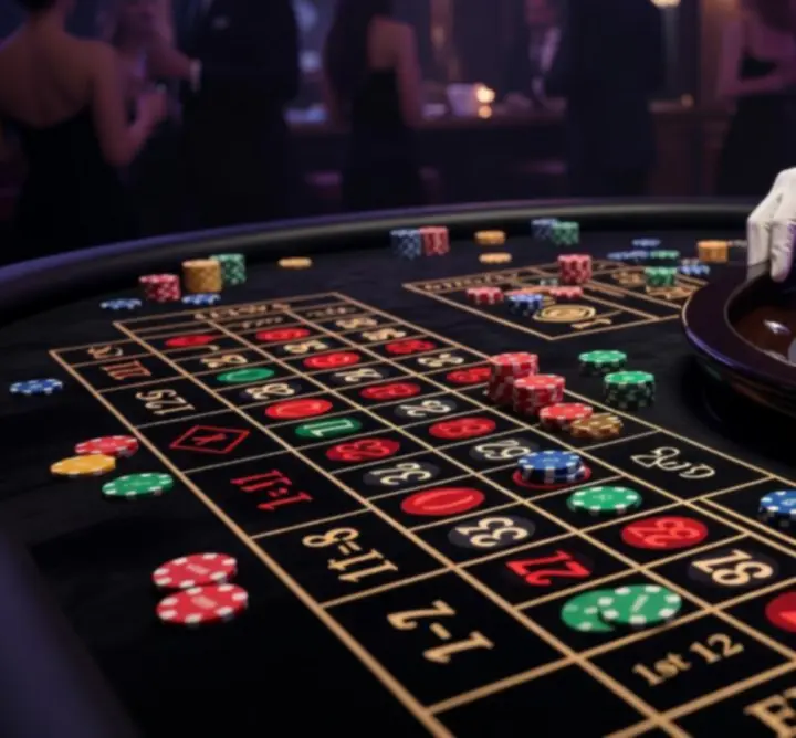 Roulette asztal közelről, kaszinó zsetonokkal